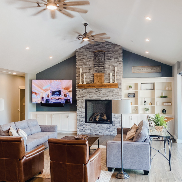 Family room with rock surround fireplace